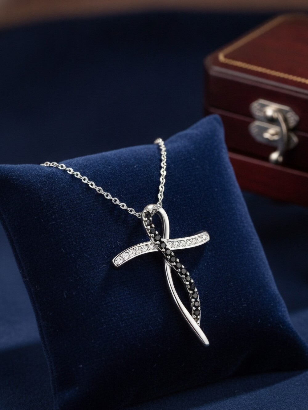 Stunning Black Spinel and CZ Cross Pendant Necklace